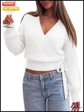 V Neck Wrap Sweater Women's Knit Pullover Criss Cross Tie Waist